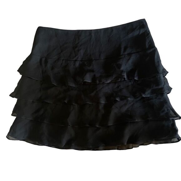 Drew Anthropologie 100% silk black sheer ruffled mini skirt sz 10 side zipper - Picture 3 of 11